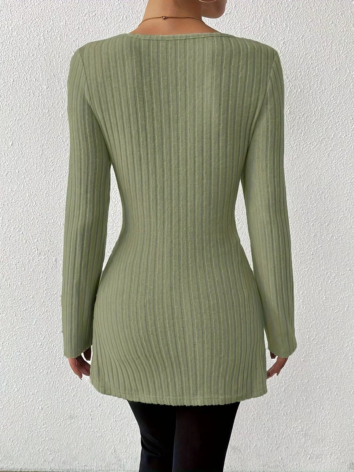 Ribbed Knit Long Sleeve Wrap T-Shirt with Side Slit - Lilixa.store