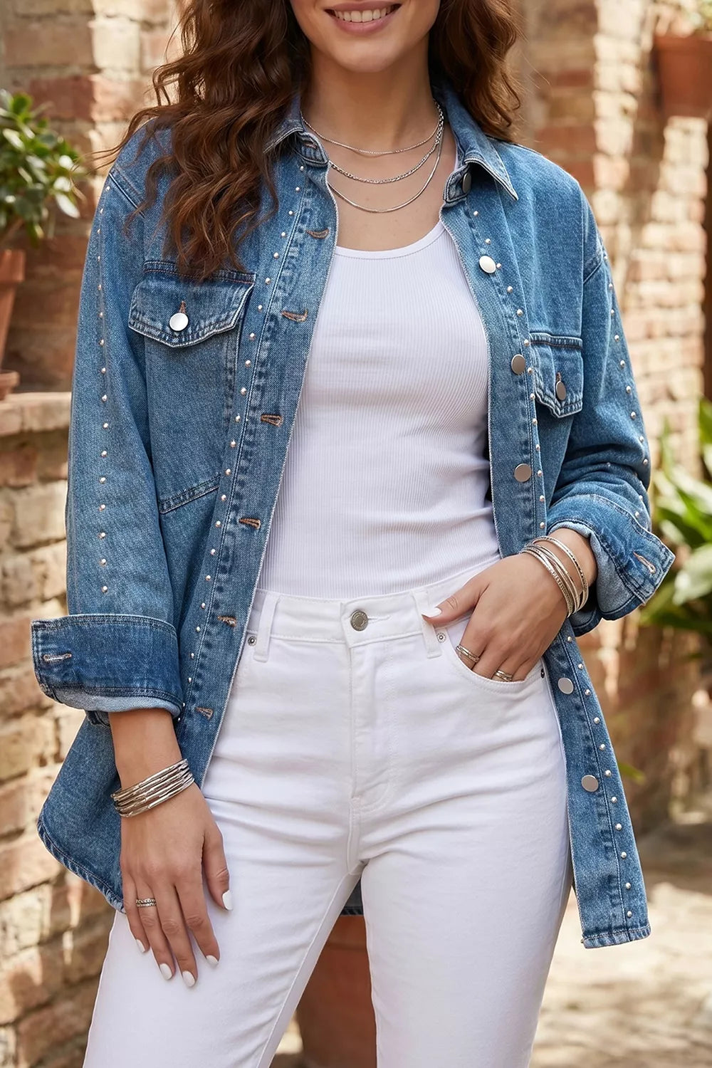 Rivet Embellished Western Style Regular Fit Long Sleeve Denim Jacket, view 4