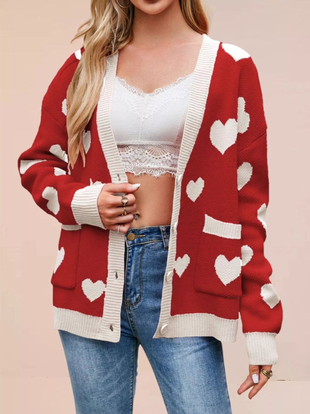 Heart Pattern V-Neck Button-Down Knit Cardigan - Lilixa.store