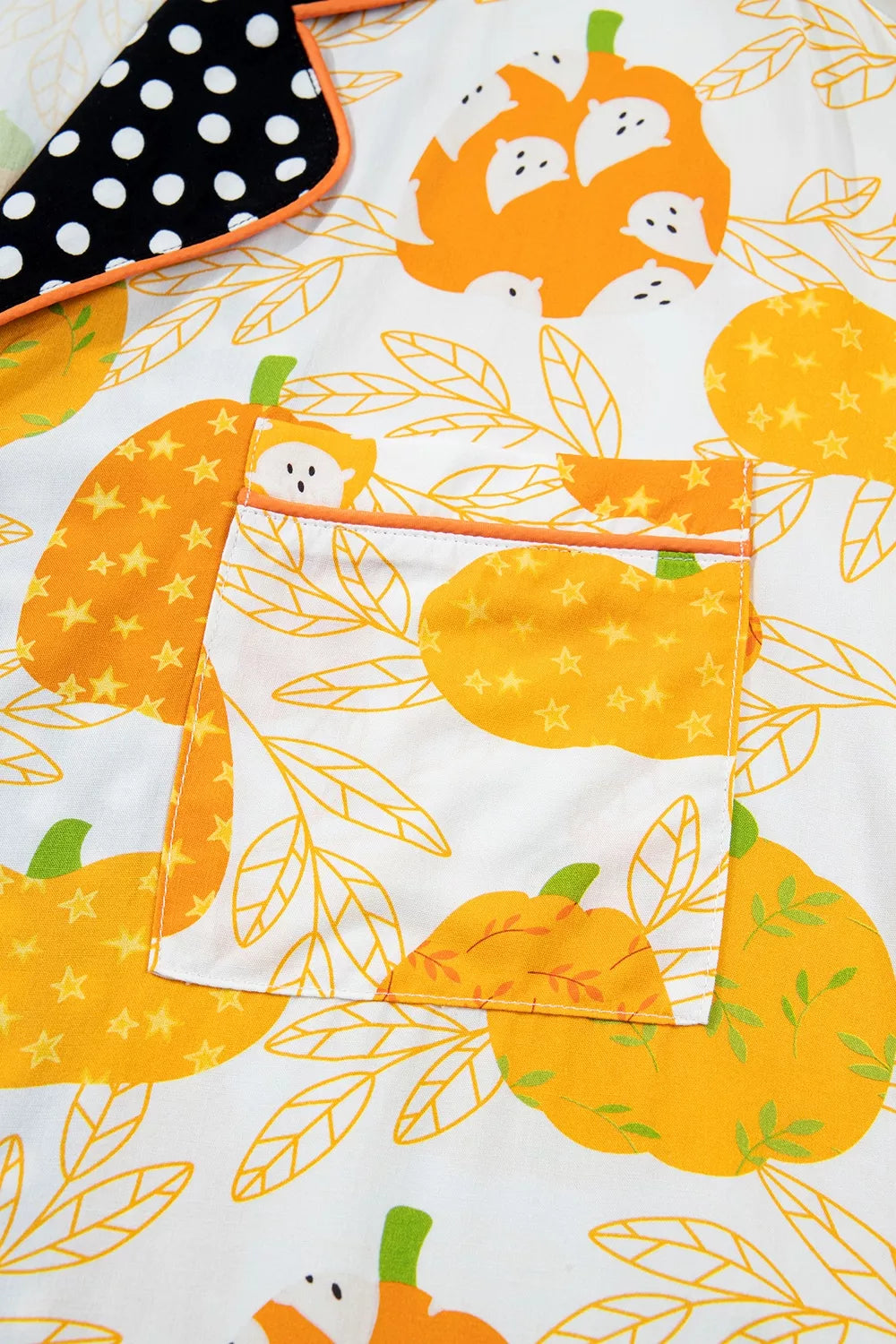 Short Sleeve Pumpkin Print Polka Dot Trim Pocket Placket Lounge Set - Lilixa.store