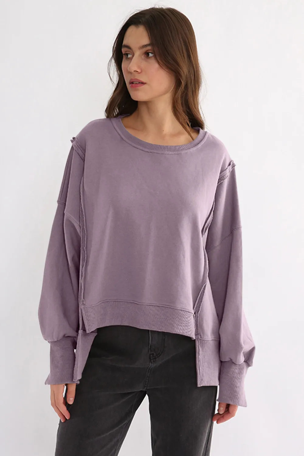 Exposed Seam High-Low Long Sleeve Sweatshirt - Lilixa.store