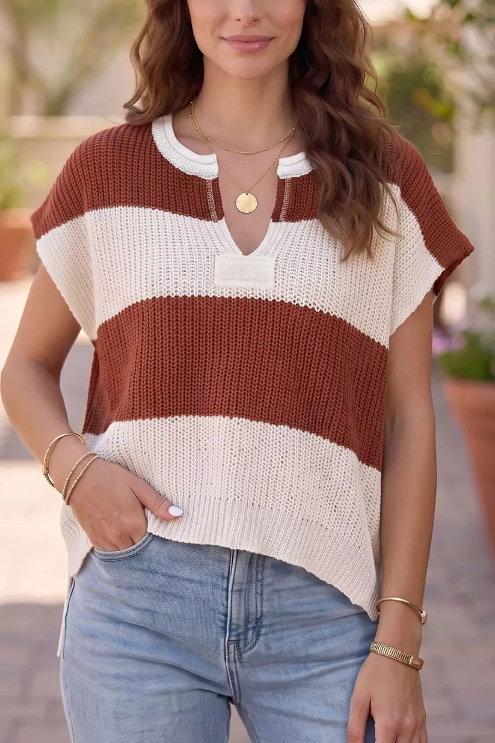 Striped Colorblock Knit Short Sleeve Loose Sweater - Lilixa.store