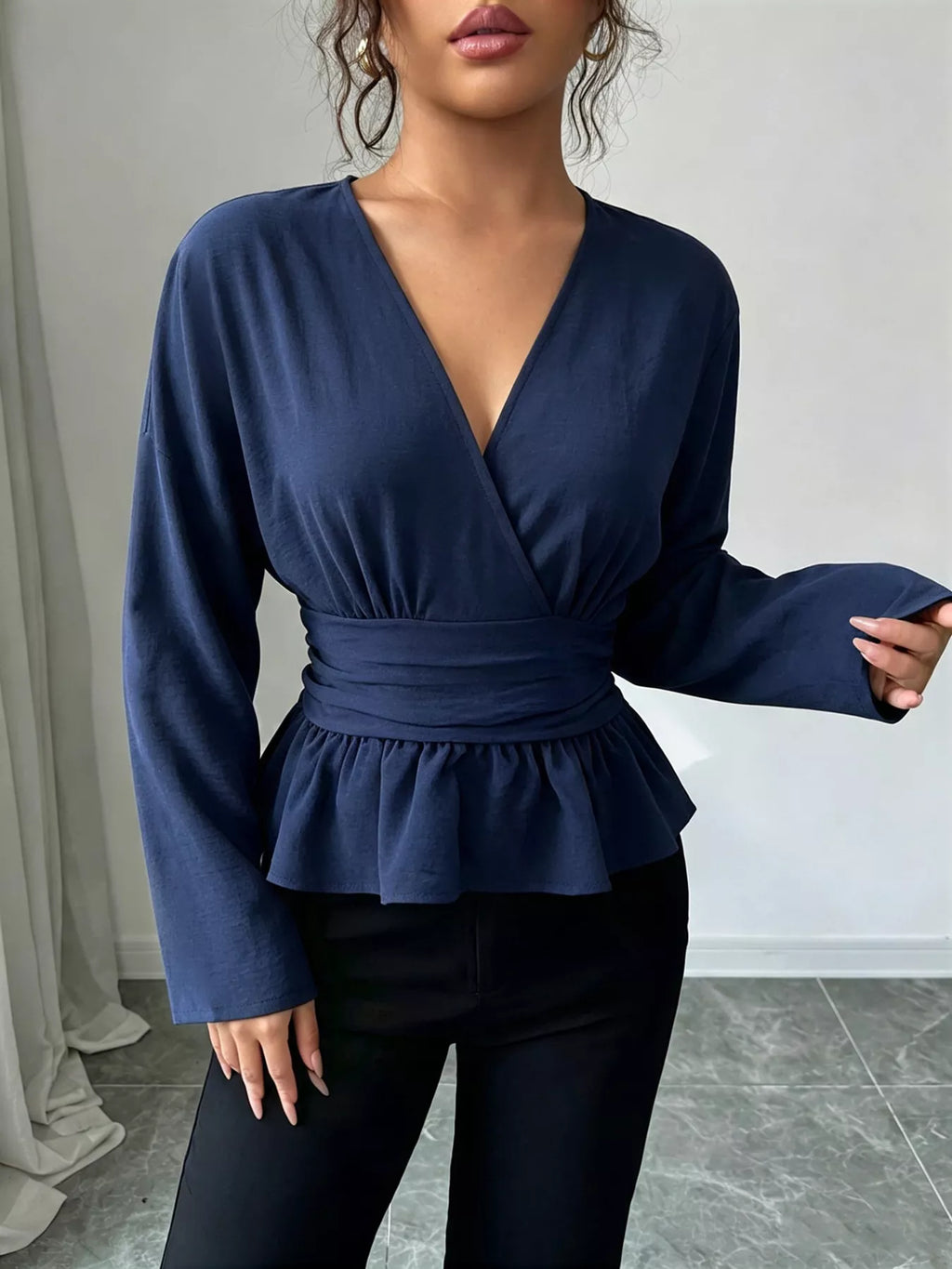 Surplice Long Sleeve Wrap Blouse - Lilixa.store