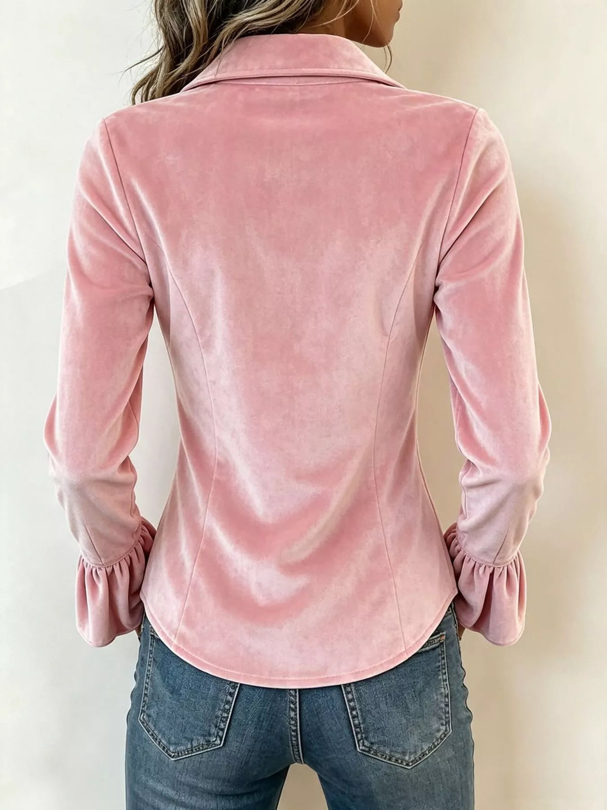 Velvet Button-Down Flounce Sleeve Shirt - Lilixa.store