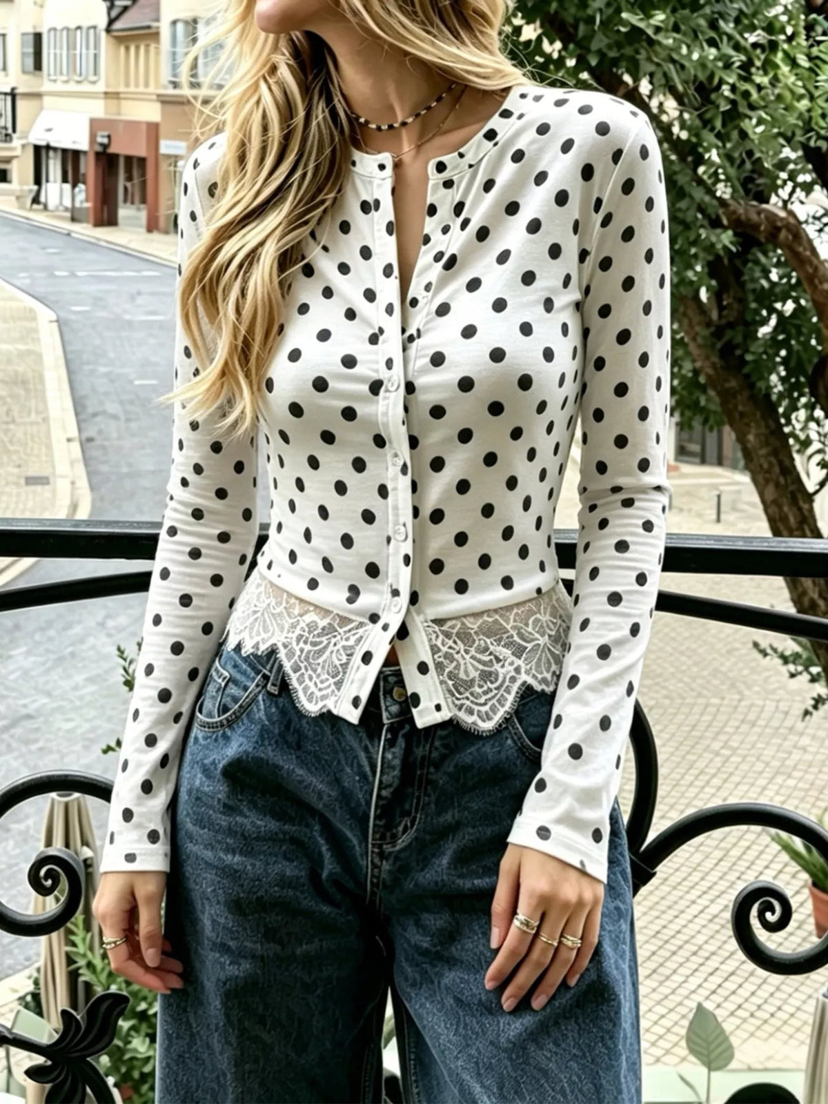 Polka Dot Long Sleeve Top with Lace Trim - Lilixa.store