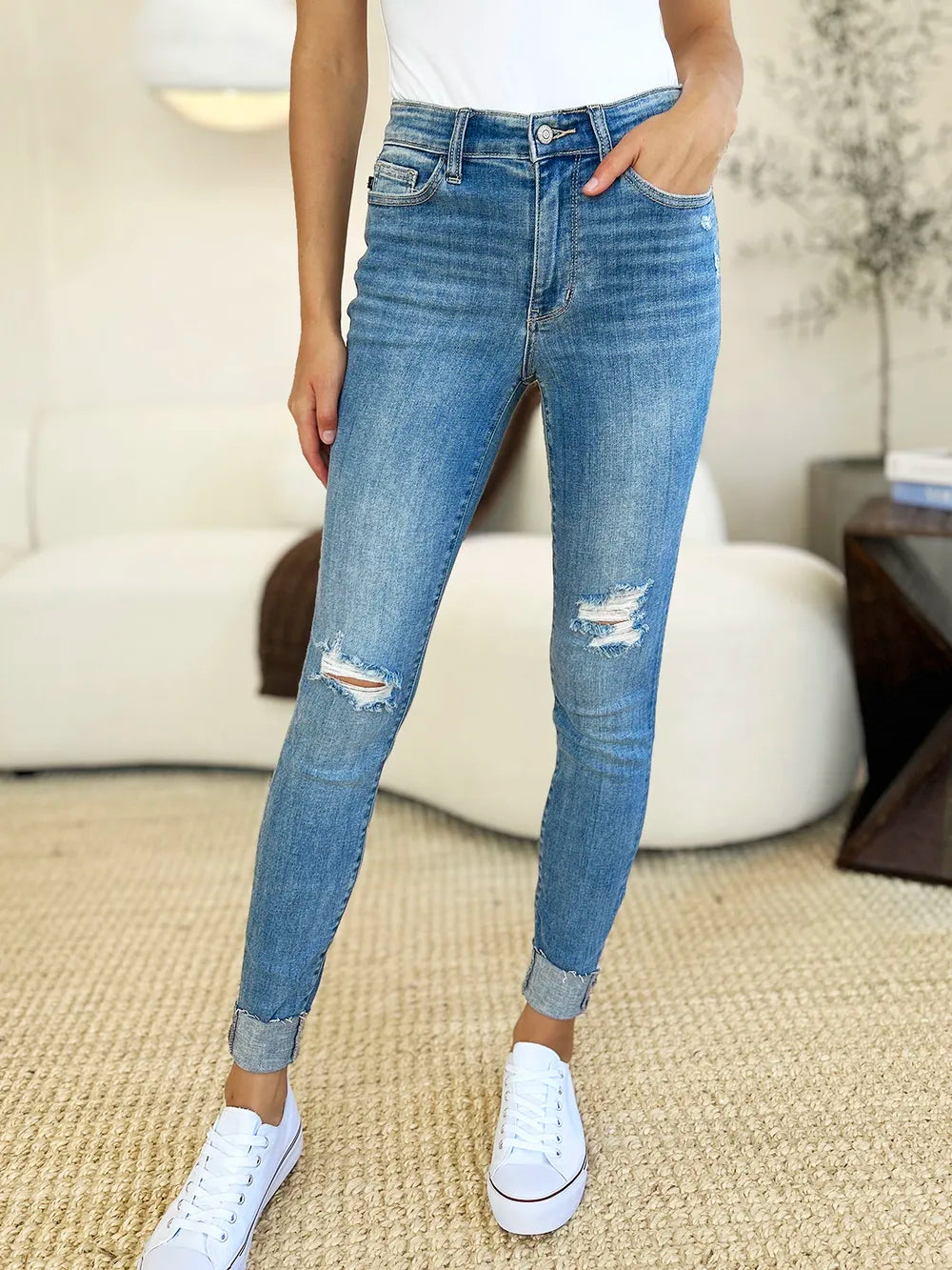 Judy Blue Full Size Mid Rise Destroy & Cuff Skinny Jeans - Lilixa.store