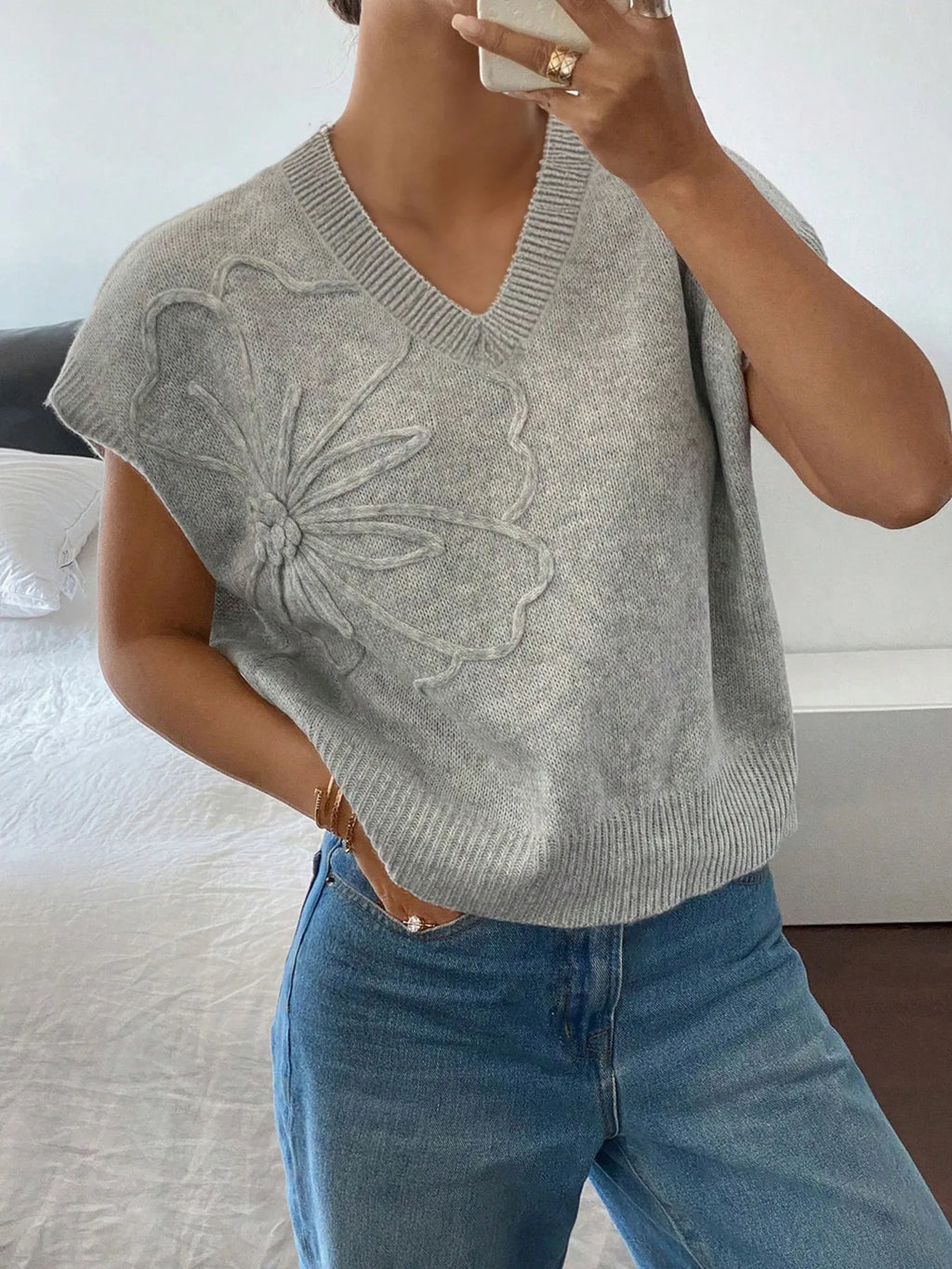 Ribbed Hem V-Neck Short Sleeve Sweater - Lilixa.store