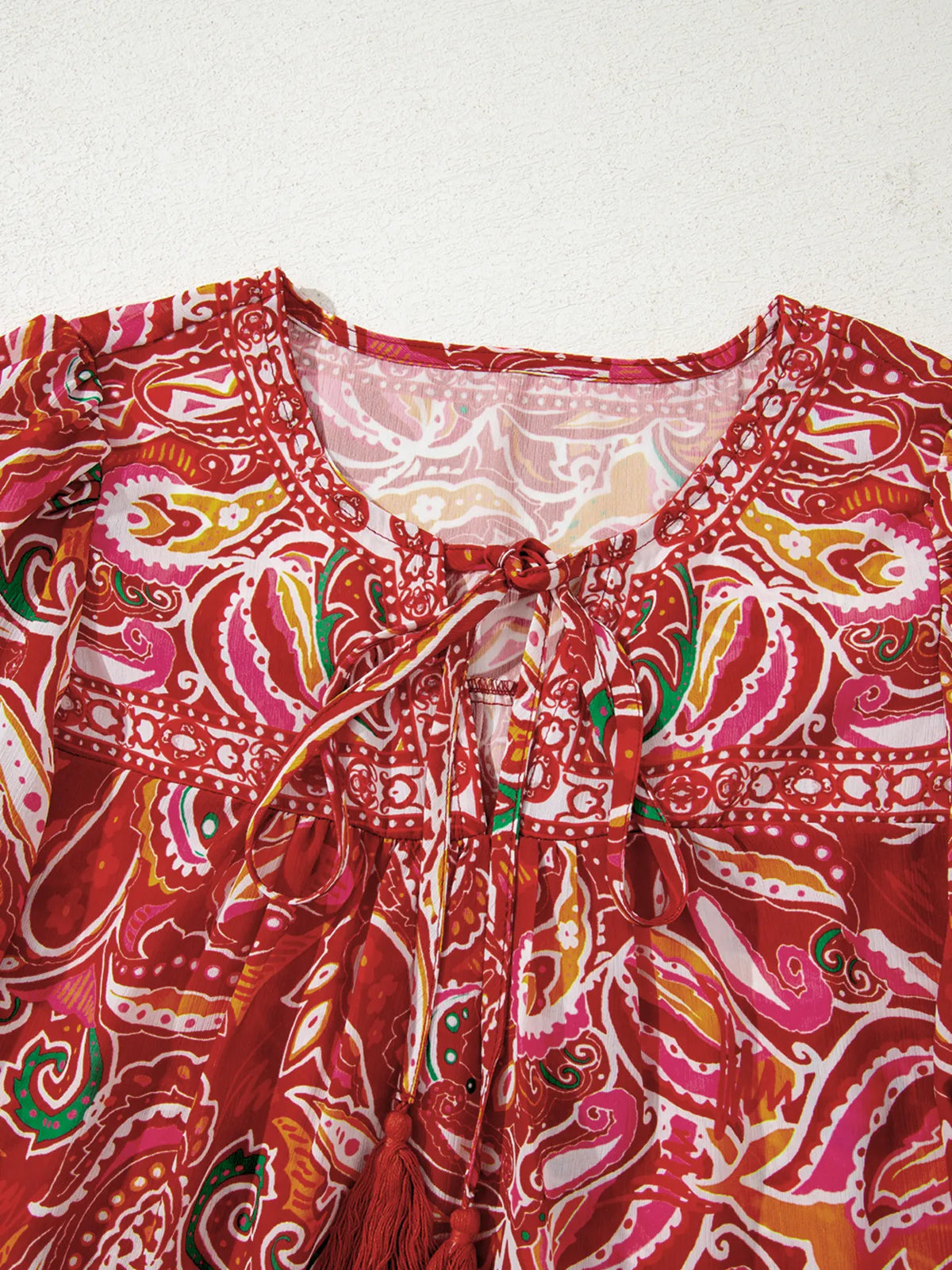 Multicolour Ethnic Paisley Print Tassel Tie Puff Sleeve Boho Blouse in Floral, view 8