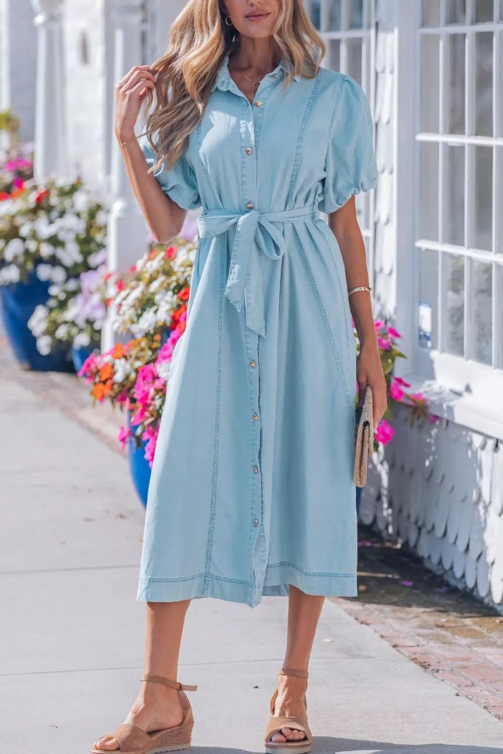 Full Buttons Collared Short Bubble Sleeve Long Denim Dress in Light Blue, view 3