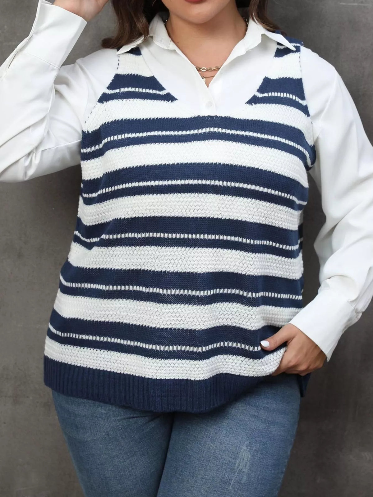 Plus Size Striped V-Neck Knit Sweater Vest - Lilixa.store