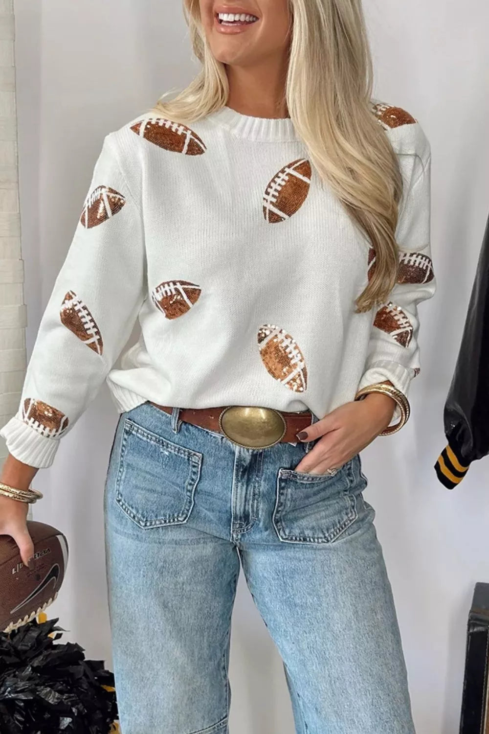 Sequin Football Print Round Neck Long Sleeve Loose Fit Sweater - Lilixa.store
