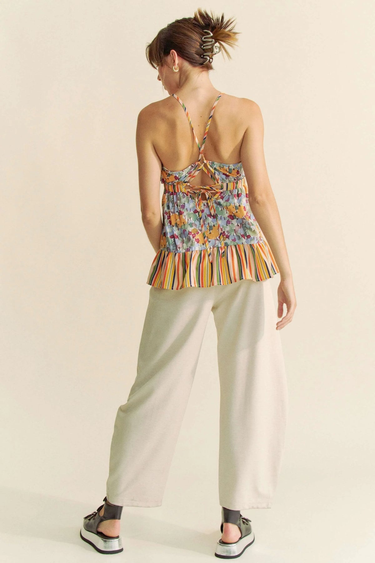 Davi & Dani Floral Smocked Sleeveless Ruffle Back Tie Top - Lilixa.store