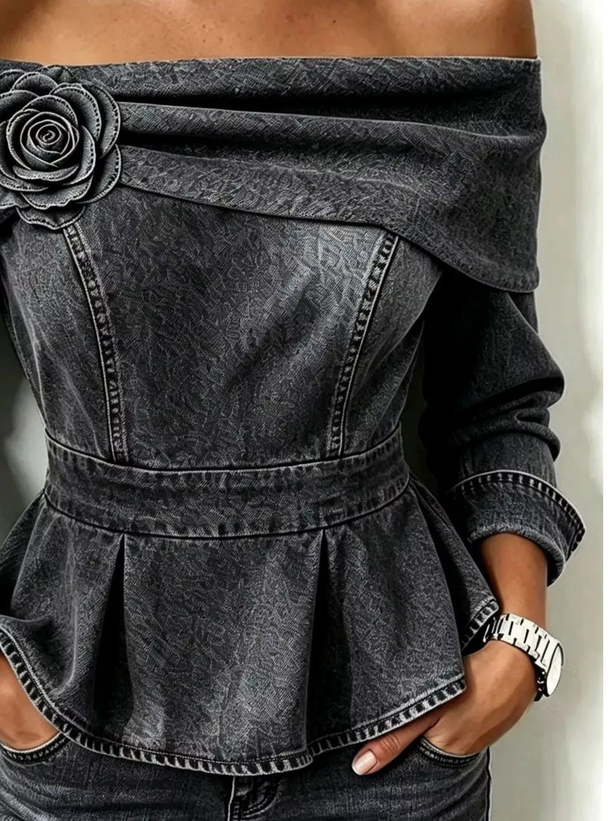 Full Size Off-Shoulder Floral Denim Look Top Plus Size