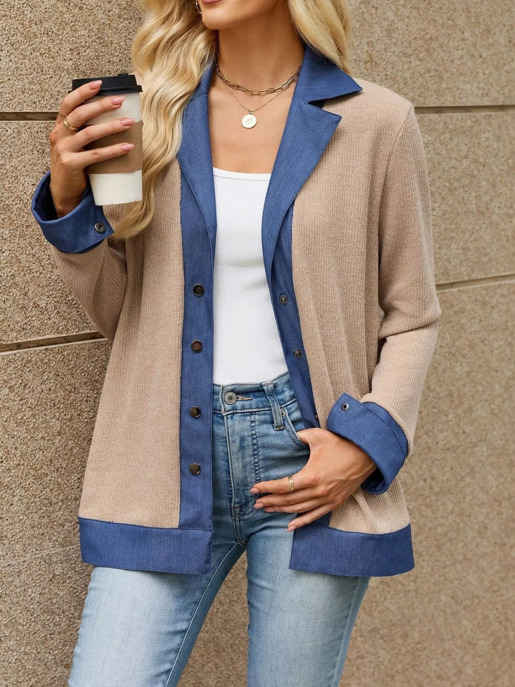 Contrast Denim Lapel Collar Outerwear - Lilixa.store