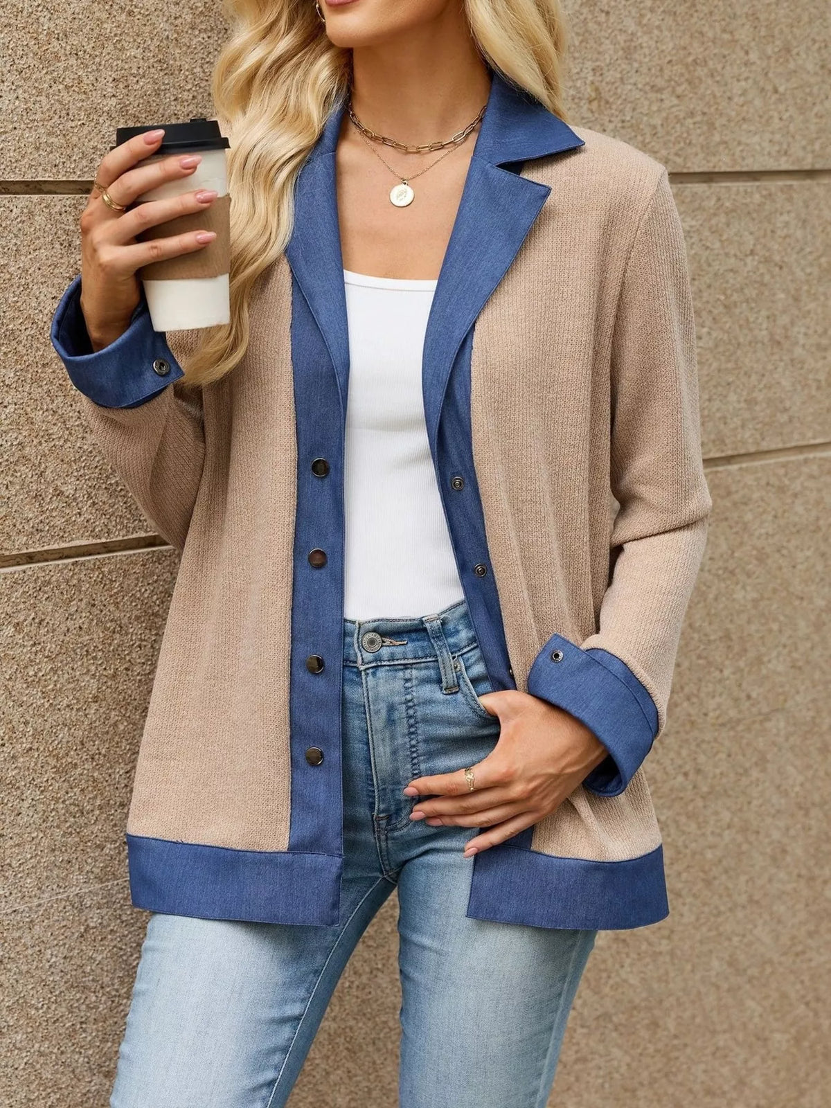 Contrast Denim Lapel Collar Outerwear - Lilixa.store