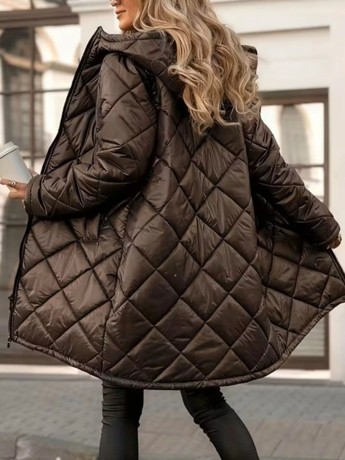 Quilted Longline Puffer Outerwear with Hood in Dark Brown, view 3