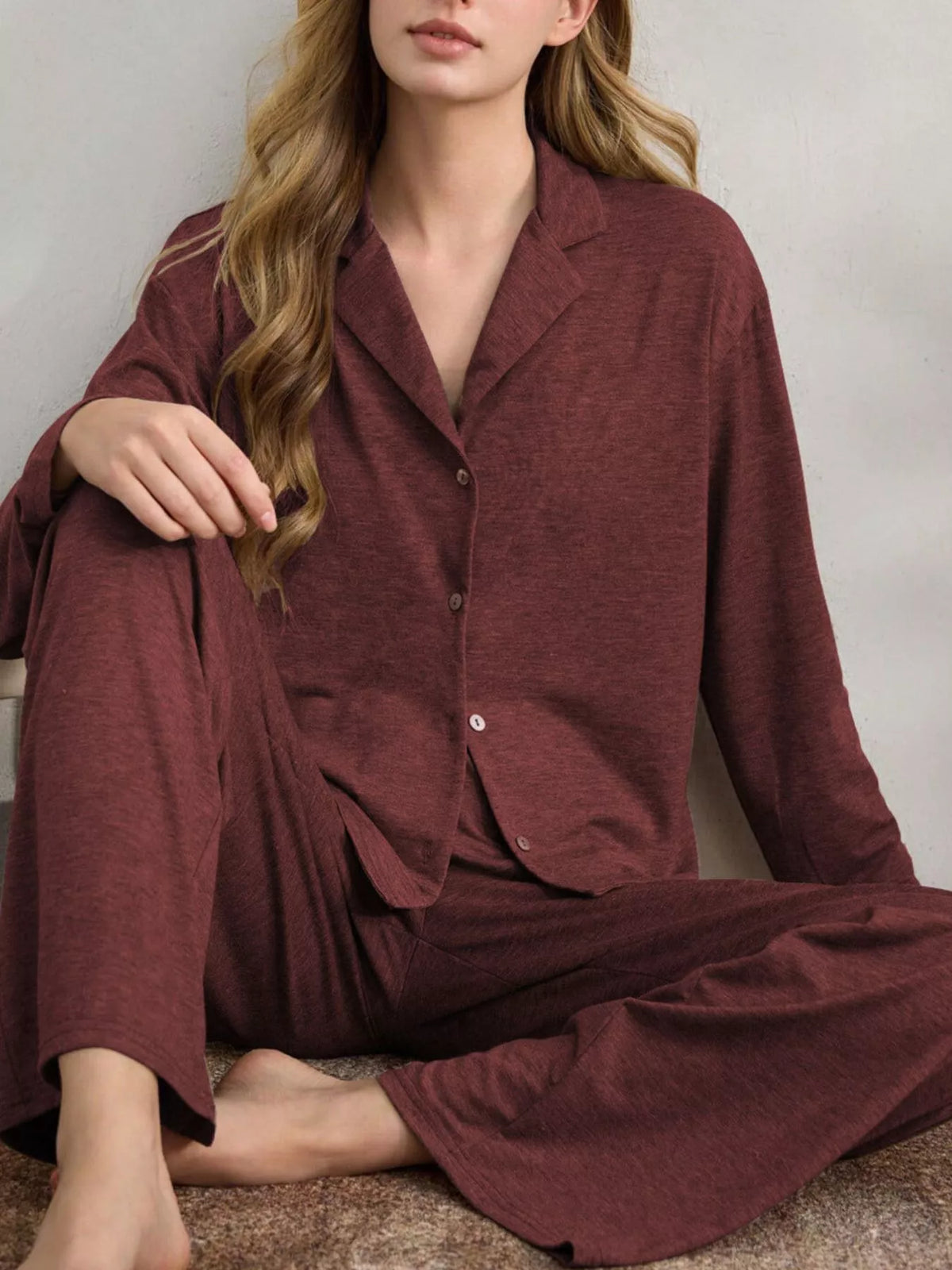 Button-Down Top and Wide-Leg Pants Lounge Set - Lilixa.store