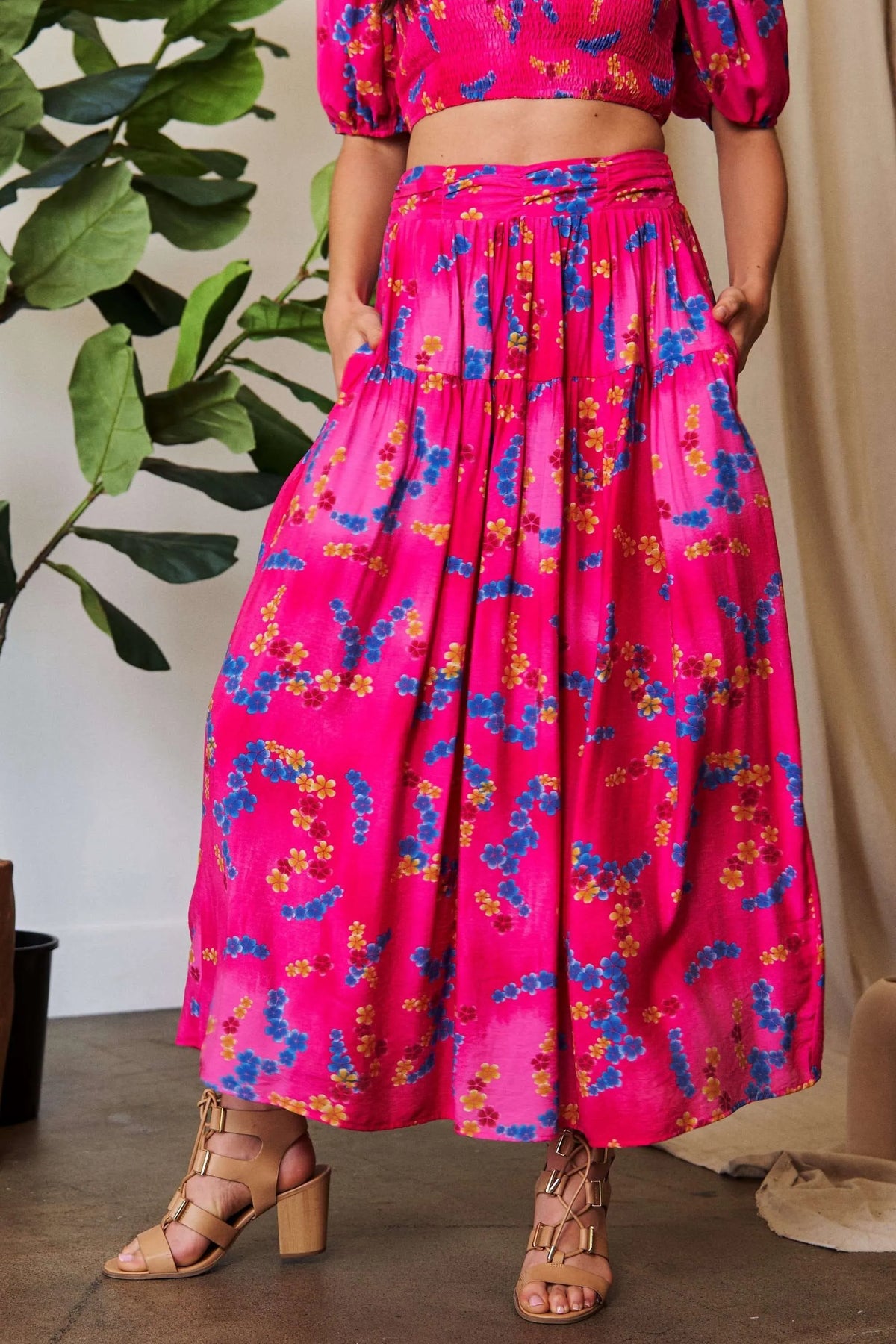 Davi & Dani Printed Smocking Waistband Ruffled Maxi Skirt - Lilixa.store