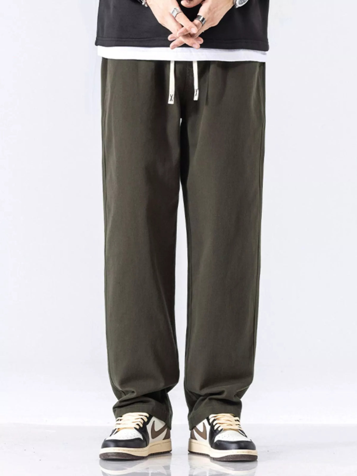 Men's Full Size Casual Loose-Fit Drawstring Pants Plus Size in Dark Army Green