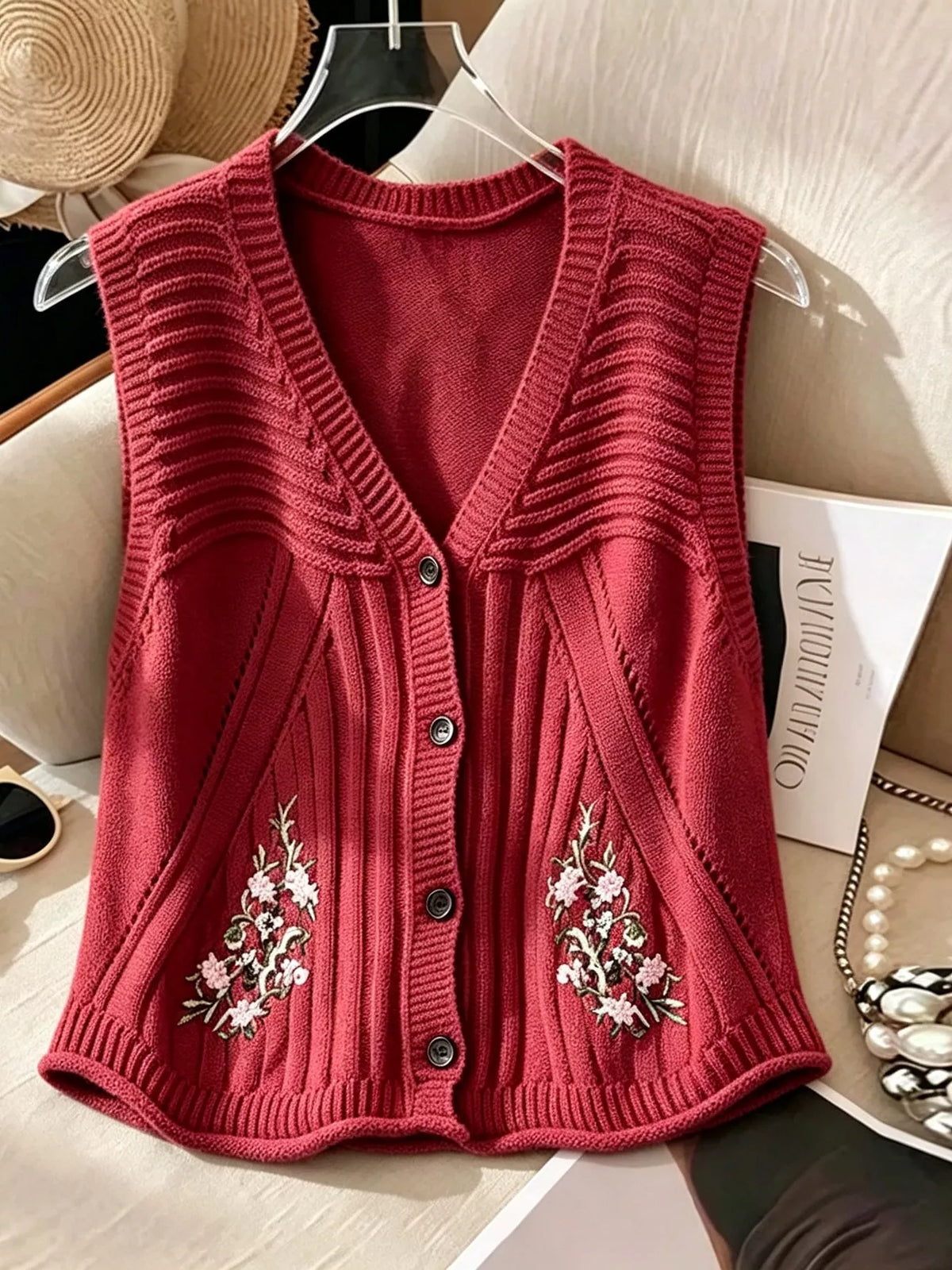 Floral Embroidered V-Neck Button-Down Sweater Vest - Lilixa.store