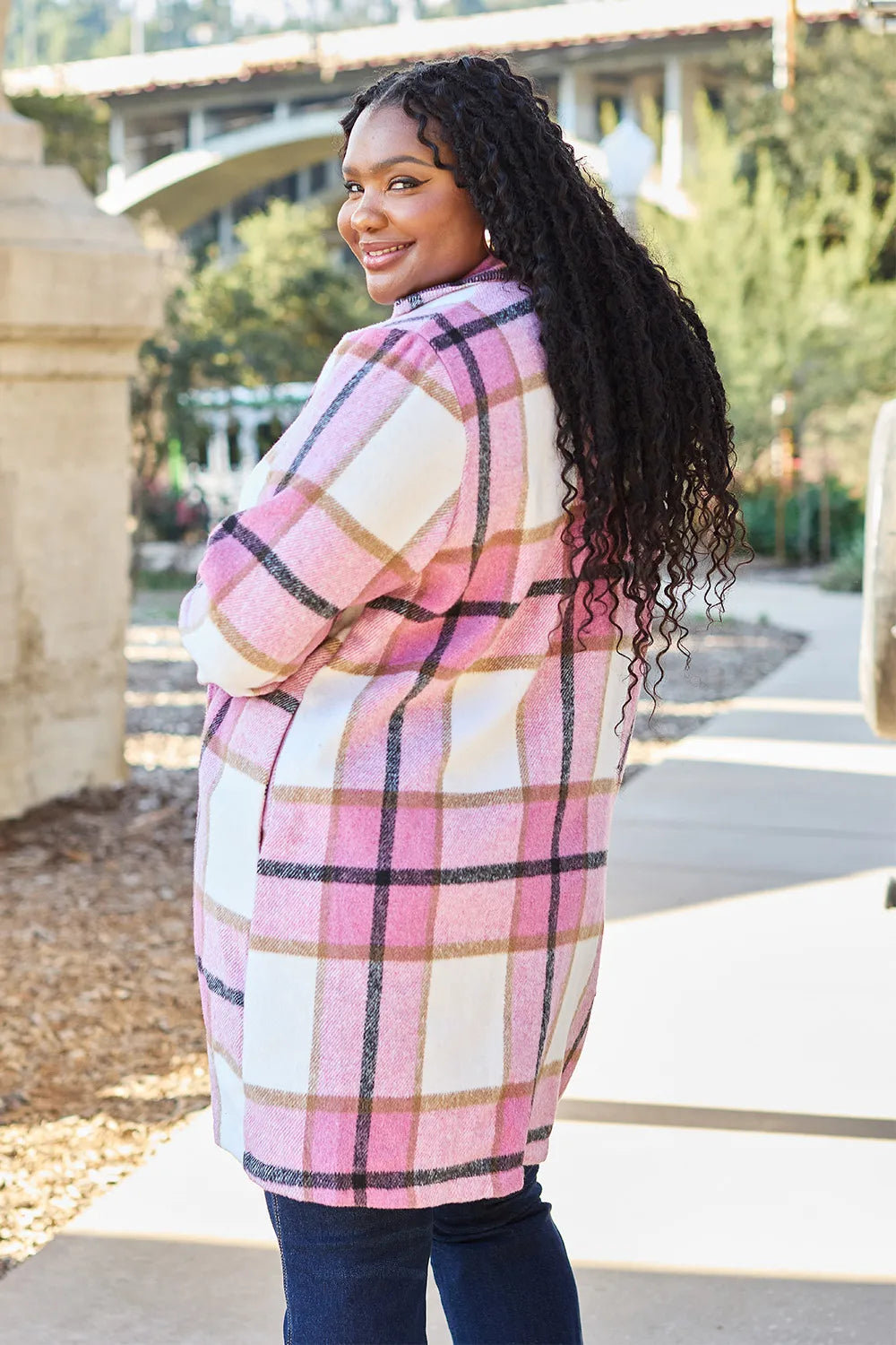 Double Take Full Size Plaid Button Up Lapel Collar Coat - Lilixa.store