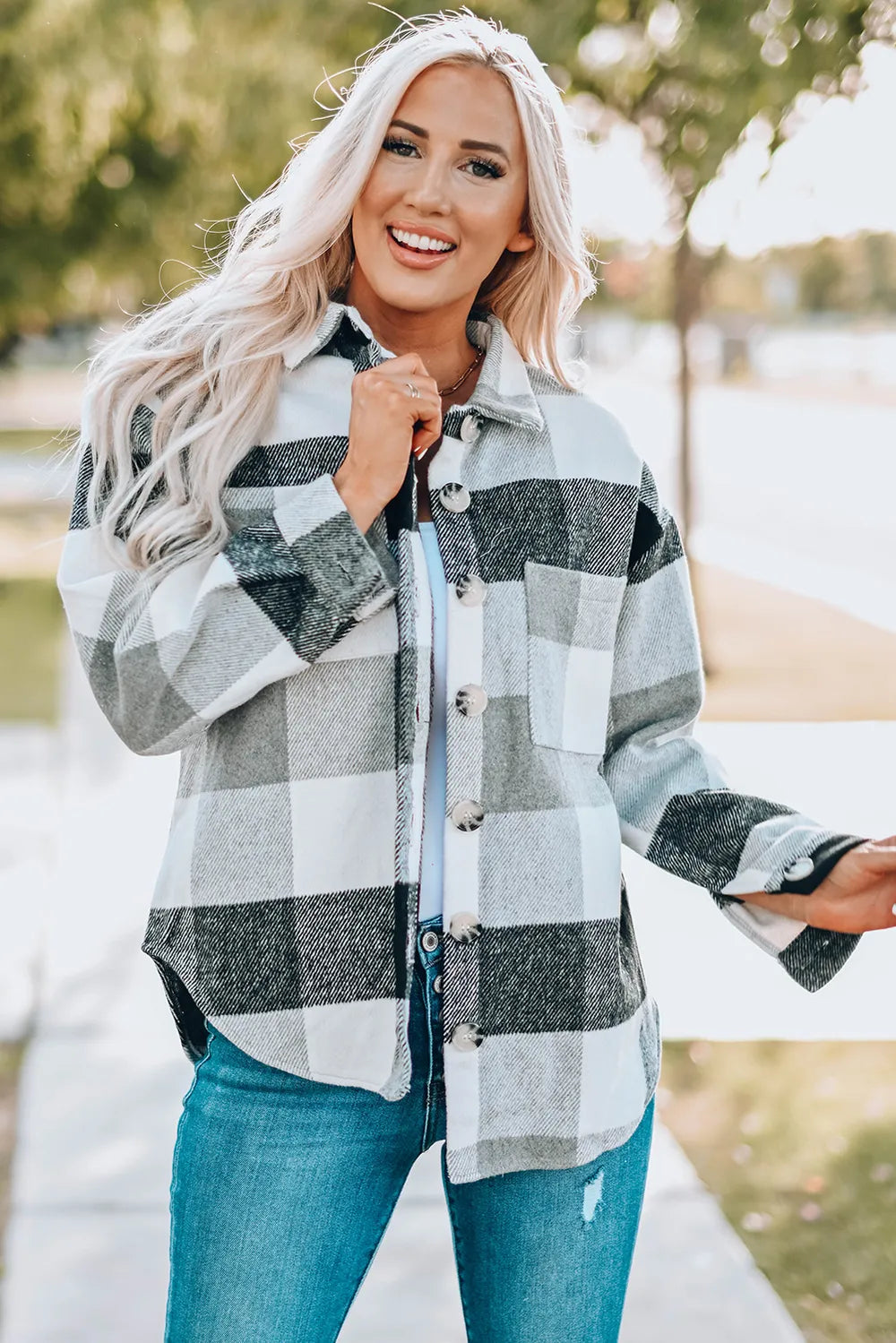 Plaid Button Up Dropped Shoulder Jacket in Light Gray