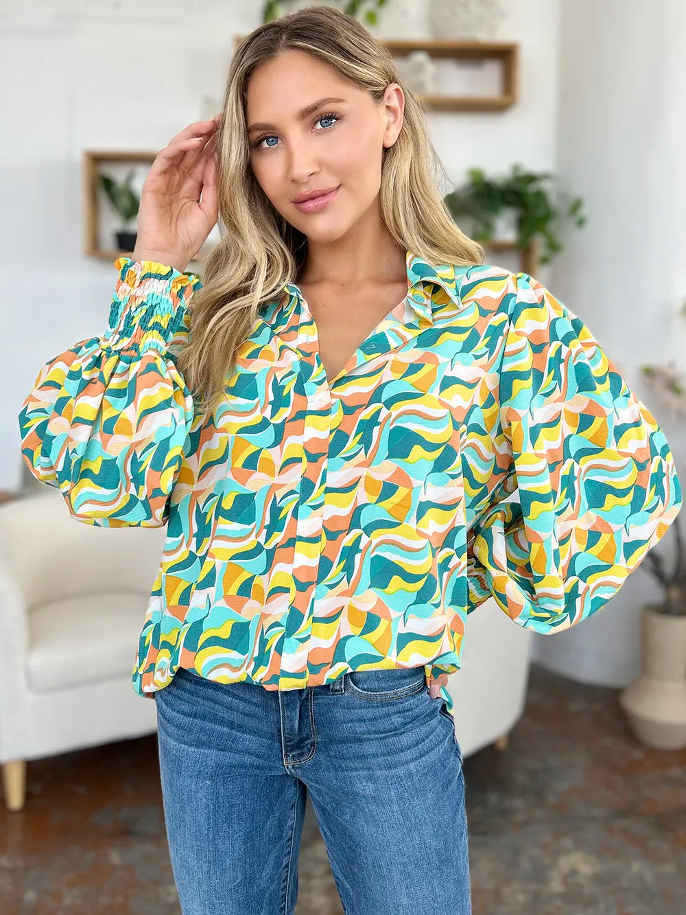 Double Take Full Size Printed Smocked Long Sleeve Blouse - Lilixa.store