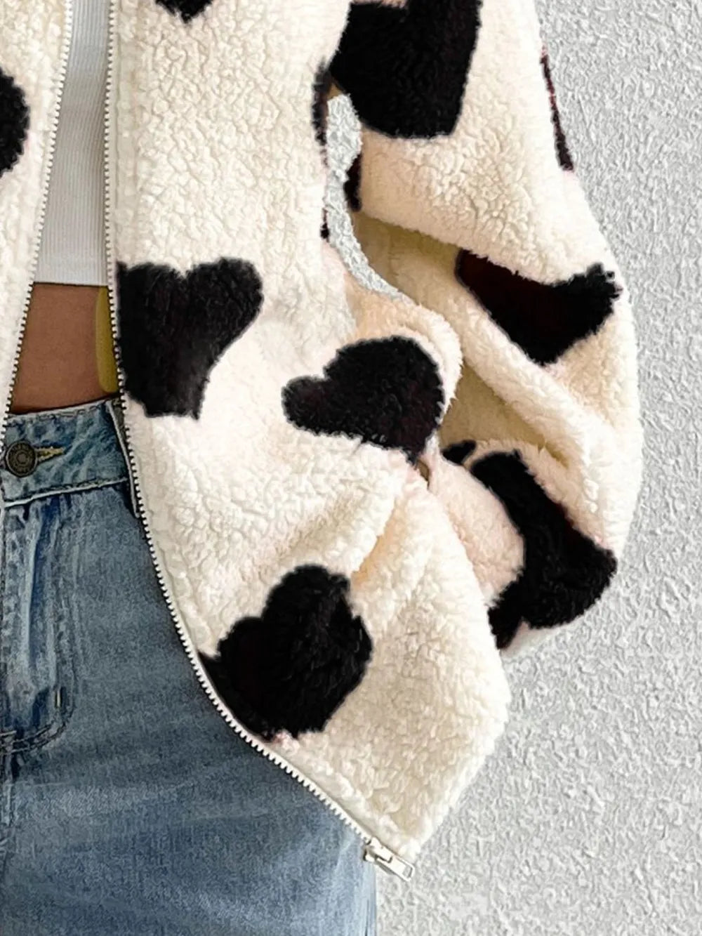 Heart Zip Up Drop Shoulder Furry Jacket, view 8