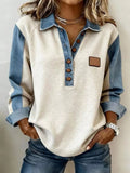 Denim Trim Button Detail Sweatshirt - Lilixa.store
