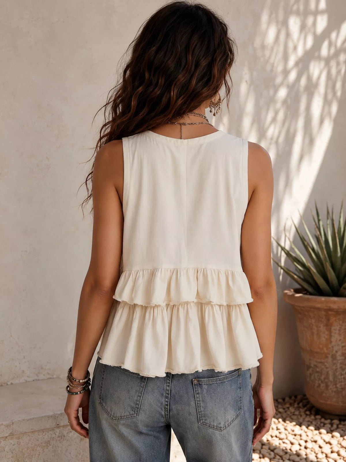 Ruffled V-Neck Sleeveless Top - Lilixa.store