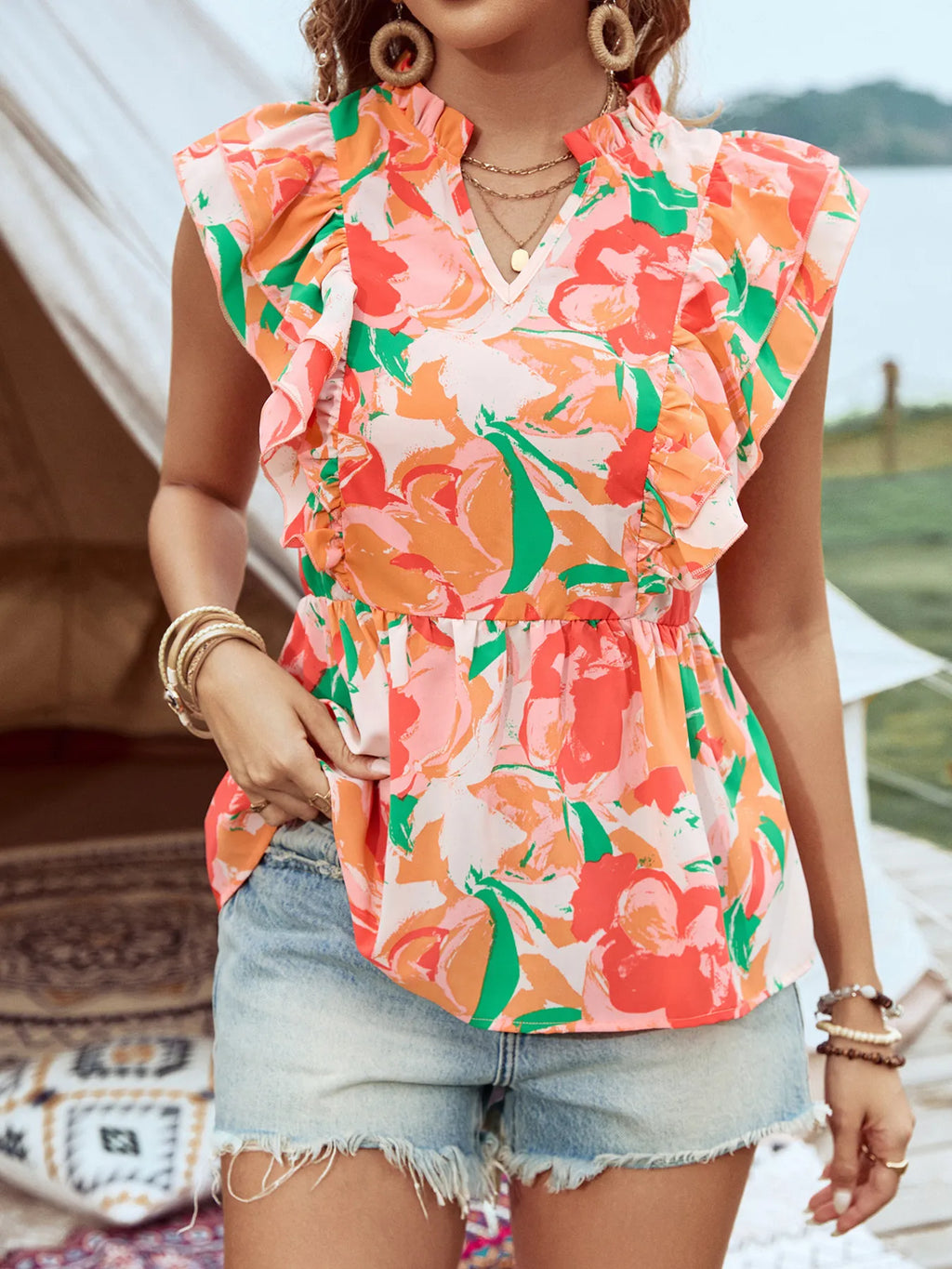 Floral Ruffle Cap Sleeve Blouse - Lilixa.store