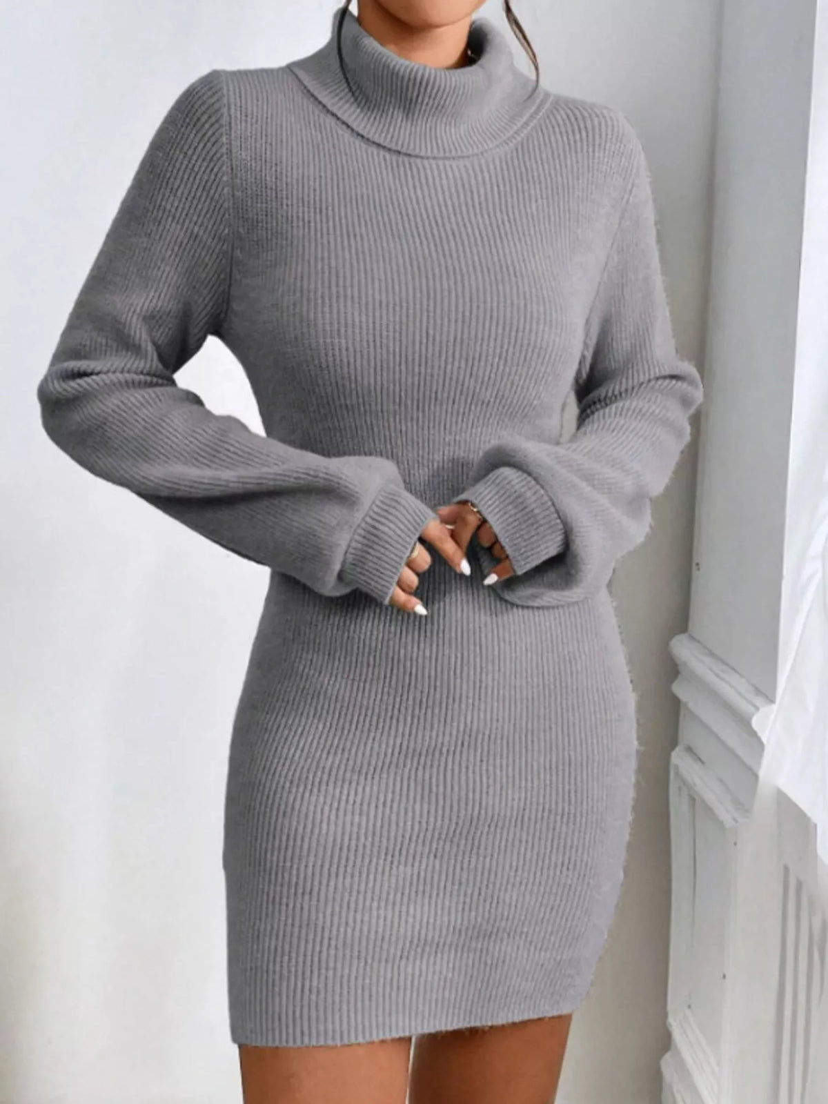 Turtleneck Ribbed Knit Sweater Dress, view 8