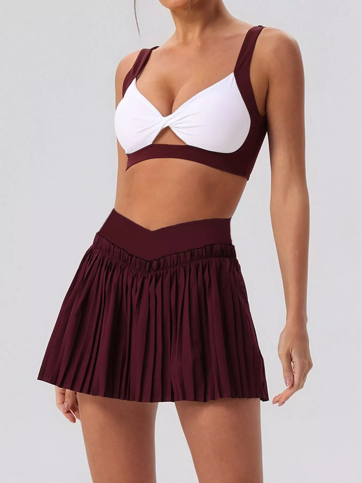 Sleeveless Top and Pleated Skirt Active Set in Dark Red