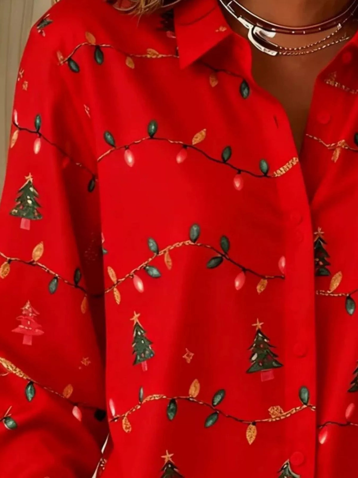 Full Size Christmas Tree Print Long Sleeve Button-Down Shirt Plus Size, view 3