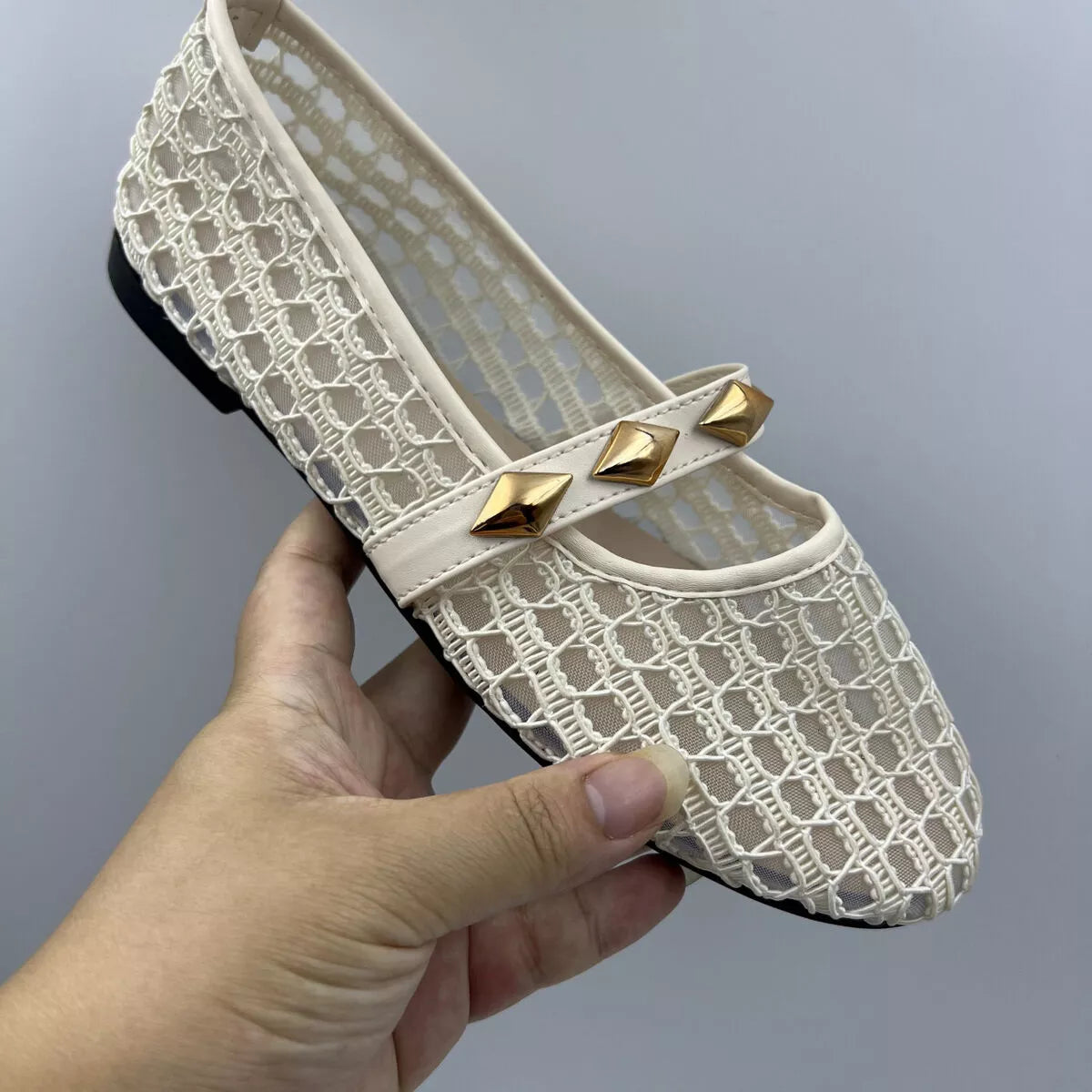 Breathable Mesh Loafers with Decorative Gold Studded Straps, view 5