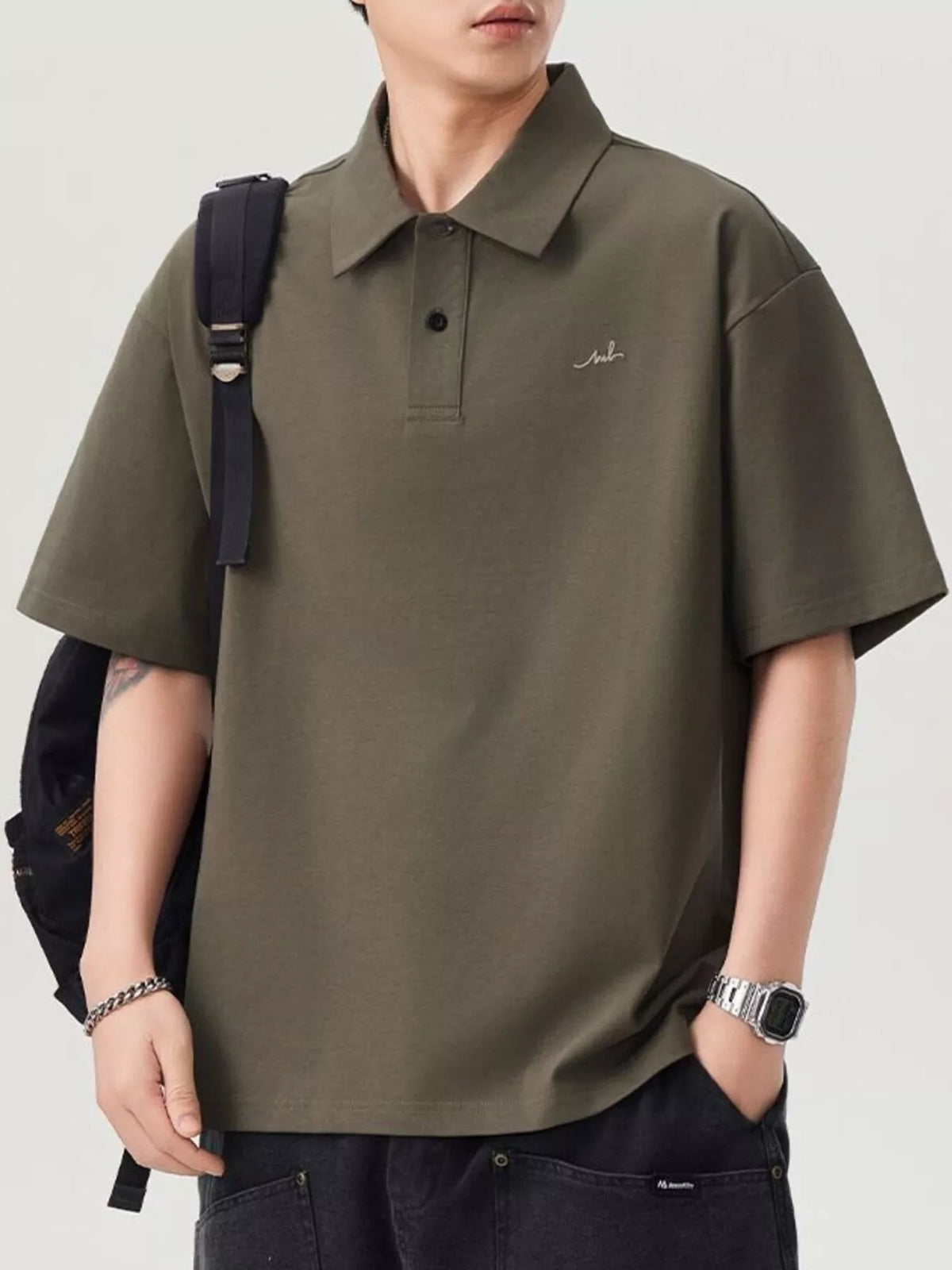 Men's Button Detail Short Sleeve Polo Plus Size in Military Green