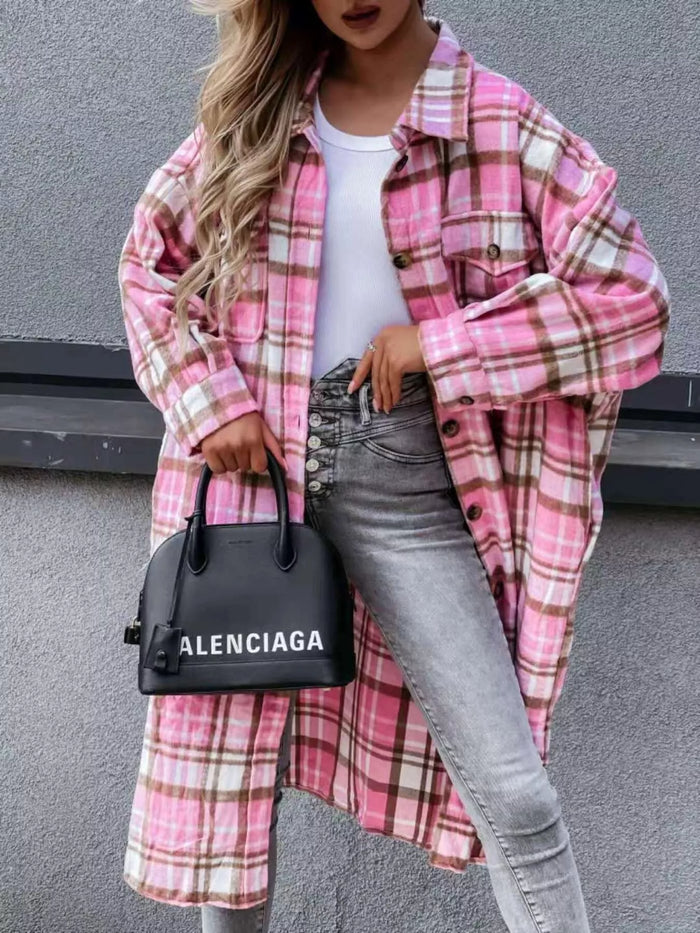 Plaid Button Up Longline Shacket in Pink