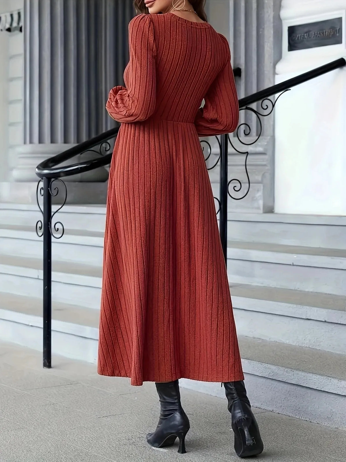 Ribbed Long Sleeve Sweater Dress in Rust, view 4