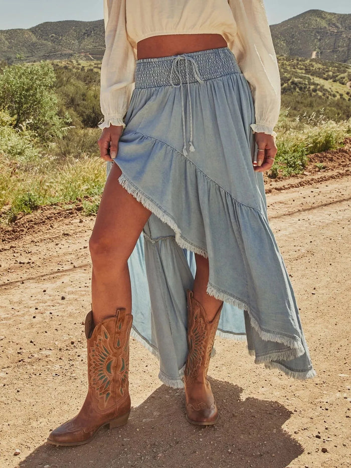 High-Low Frayed Hem Denim Skirt - Lilixa.store