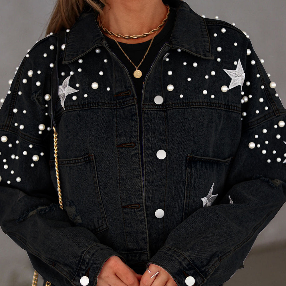 Bead Detail Denim Jacket in Black, view 8