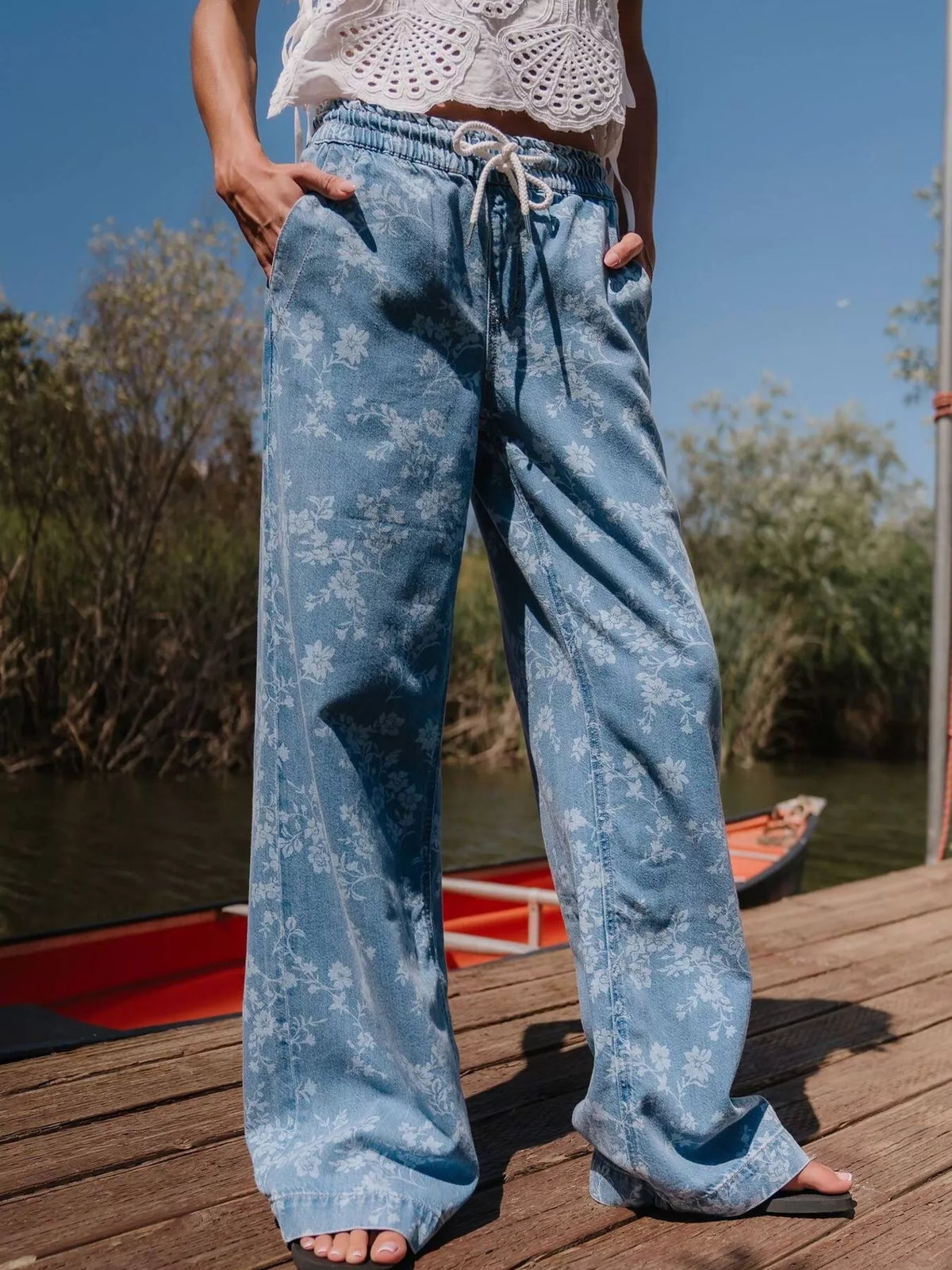 Drawstring Floral Wide-Leg Jeans - Lilixa.store