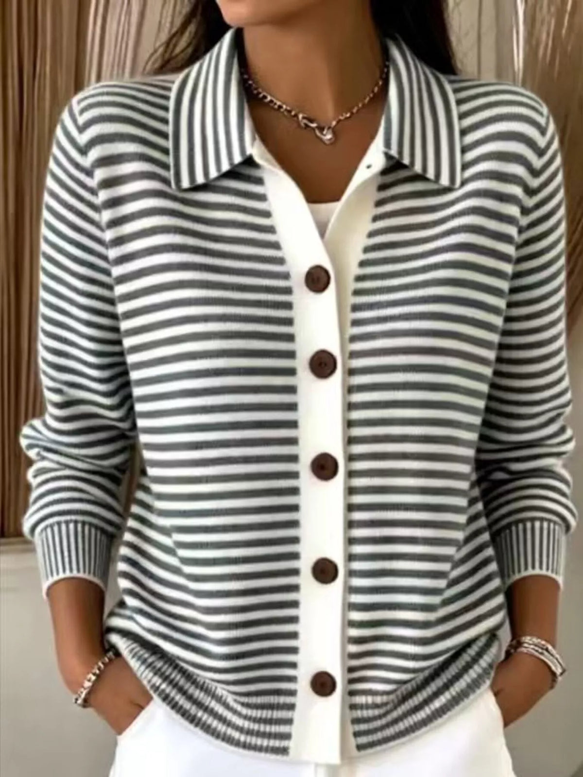 Striped Collared Button-Down Knit Cardigan - Lilixa.store
