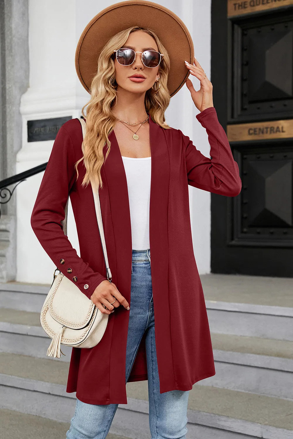 Open Front Long Sleeve Cardigan in Wine