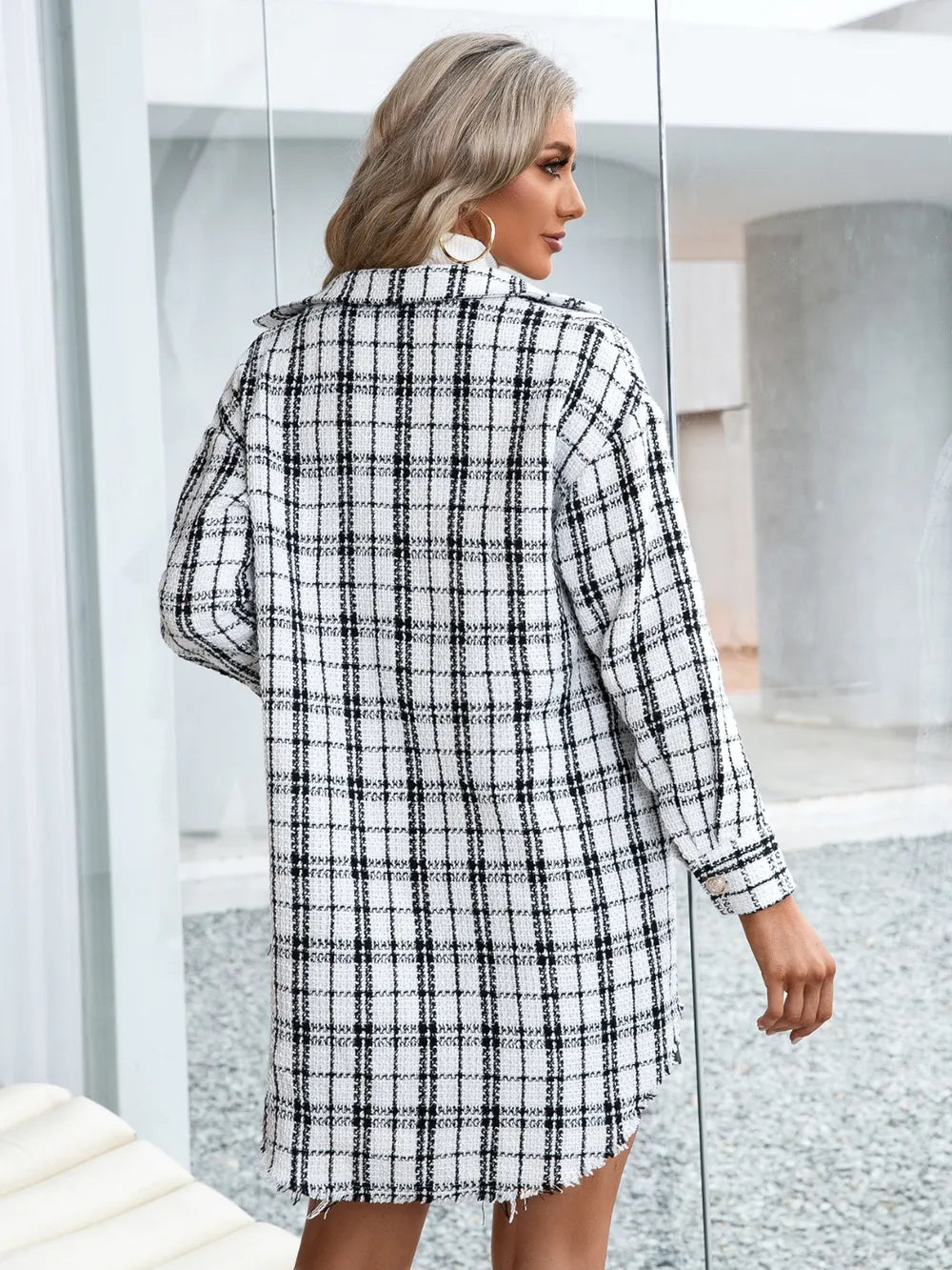 Ivy Lane Plaid Pocketed Button Up Dropped Shoulder Jacket in White, view 5