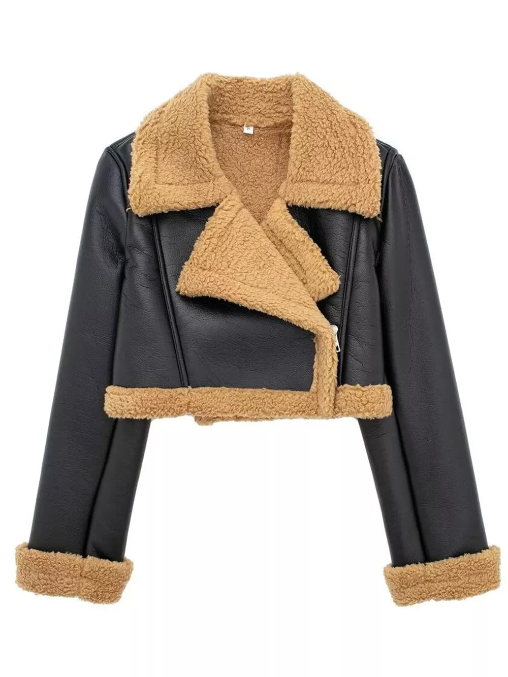 Collared Neck Long Sleeve Plush Cropped Jacket in Black
