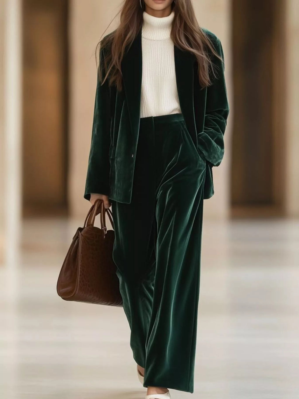 Velvet Blazer and Wide-Leg Pants Two-Piece Set - Lilixa.store