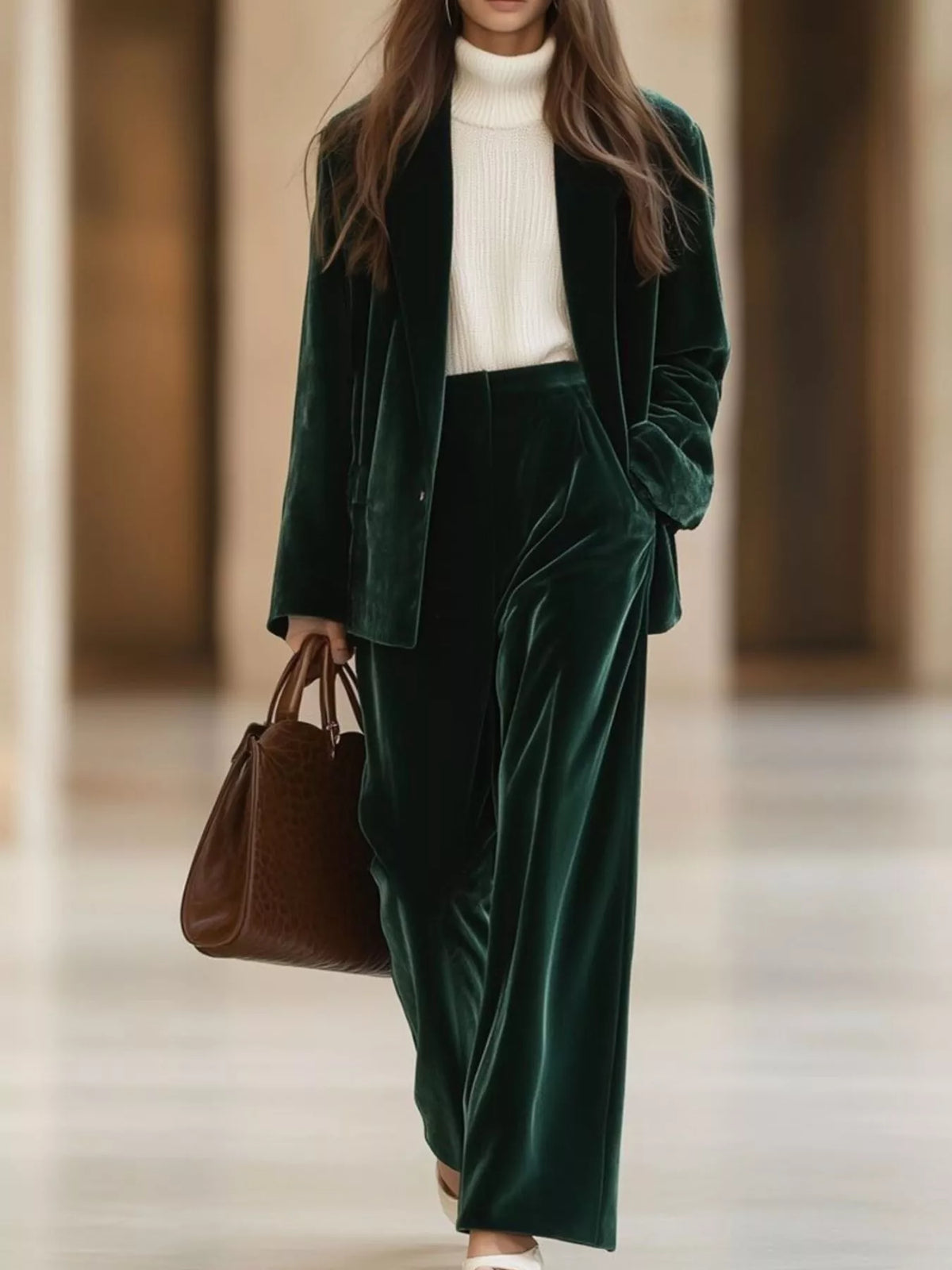 Velvet Blazer and Wide-Leg Pants Two-Piece Set - Lilixa.store