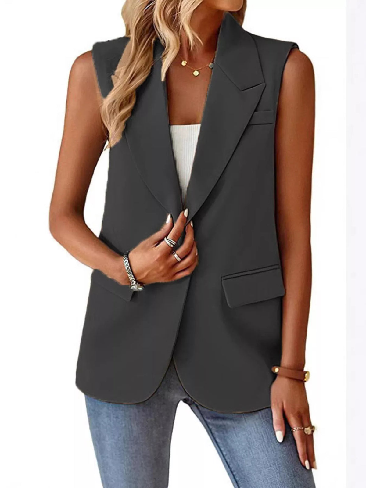 Full Size One Button Lapel Collar Vest Coat Plus Size - Lilixa.store