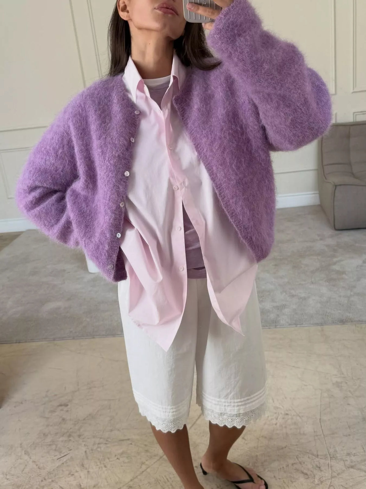Fuzzy Knit Button-Down Cardigan in Lavender