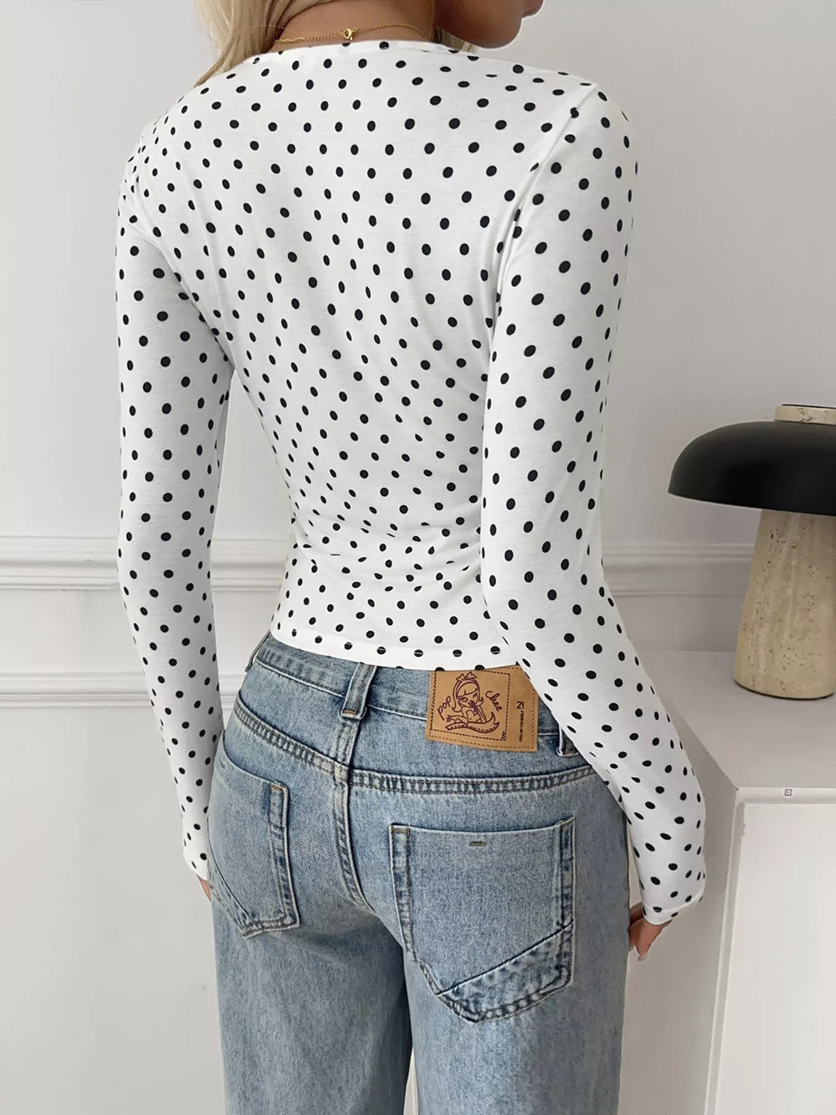 Polka Dot Lace Trim Ruched Long Sleeve T-Shirt - Lilixa.store